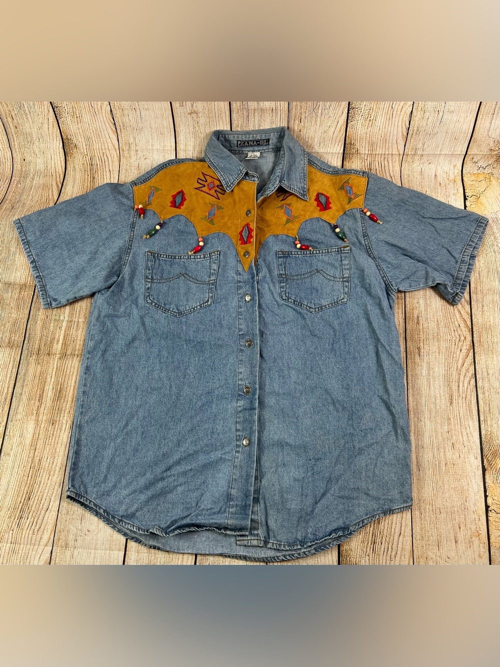 Vintage Zana Di Denim Southwestern Beaded Button Shirt Size Large